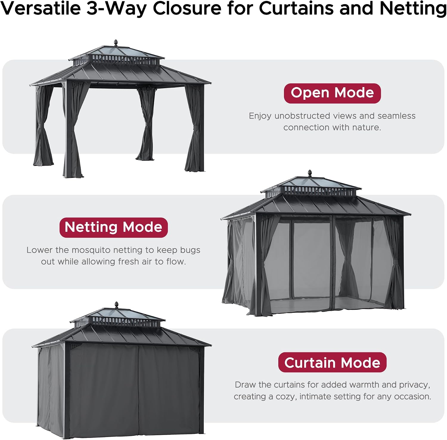 SUNJOY Kingston 12' x 10' Hardtop Gazebo with Galvanized Steel/Polycarbonate Double Roof, Curtain and Netting, Gray Aluminum Posts Permanent Pavilion Gazebo for Garden, Patio, Deck, Lawn