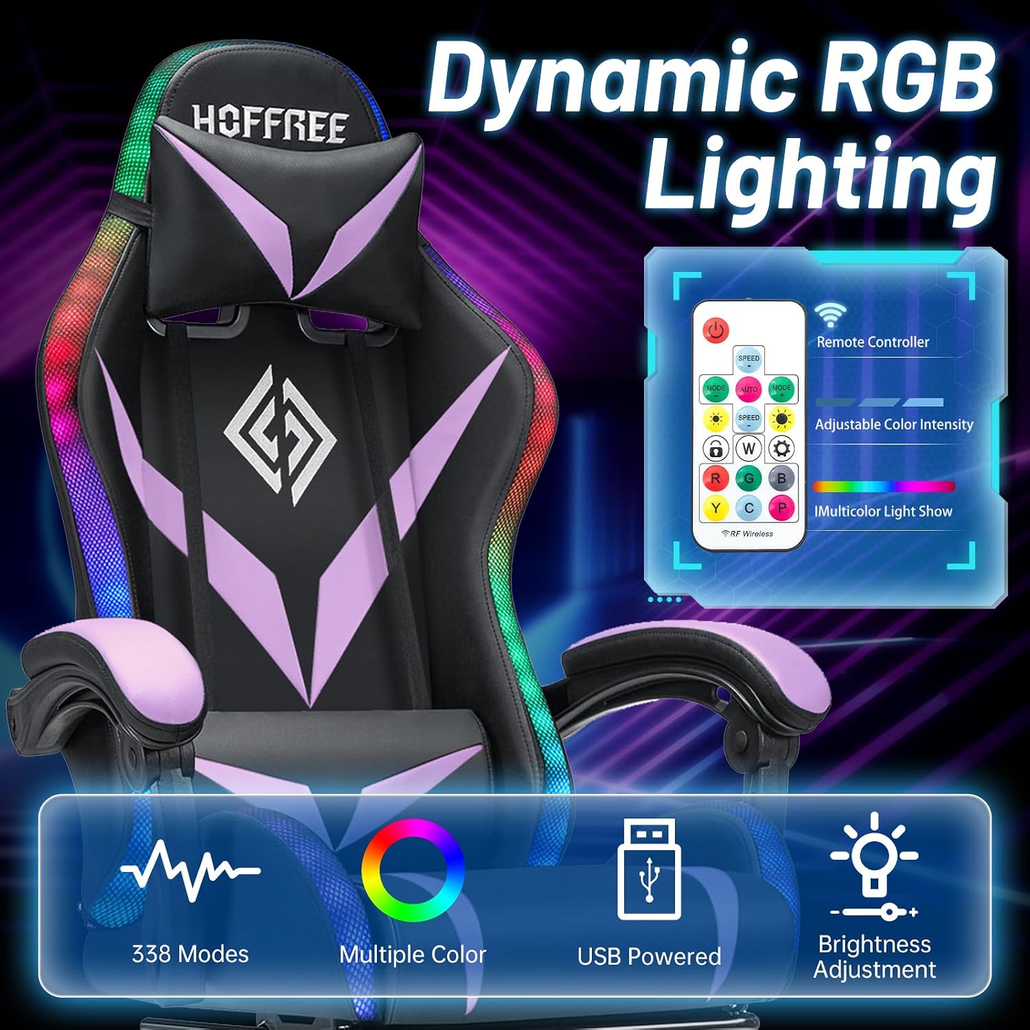 Gaming Chair with Bluetooth Speakers and RGB LED Lights Ergonomic Massage Computer Gaming Chair with Footrest Video Game Chair High Back with Lumbar Support Purple and Black