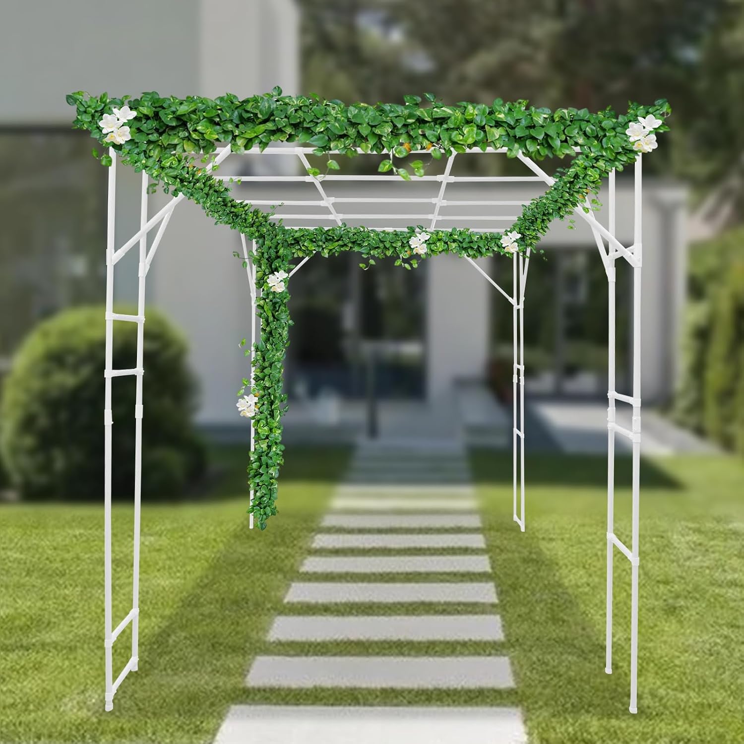 118'' L x 78.5'' W x 90.5'' H Large Outdoor Garden Arch Trellis for Climbing Plants, Grape Arbor Rack Pergola Plastic-Coated Steel Cane Frame for Courtyard and Garden Decoration of Pavilions (White)