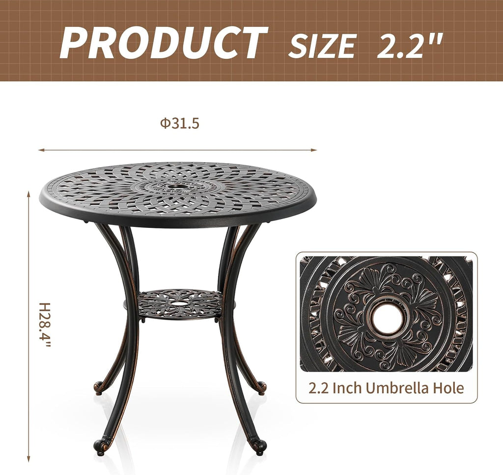 Cast Aluminum Patio Dining Set, Outdoor Bistro Set, 31.5' Round Outdoor Dining Table with Umbrella Hole, 2 Bistro Chairs for Yard Porch Garden Balcony