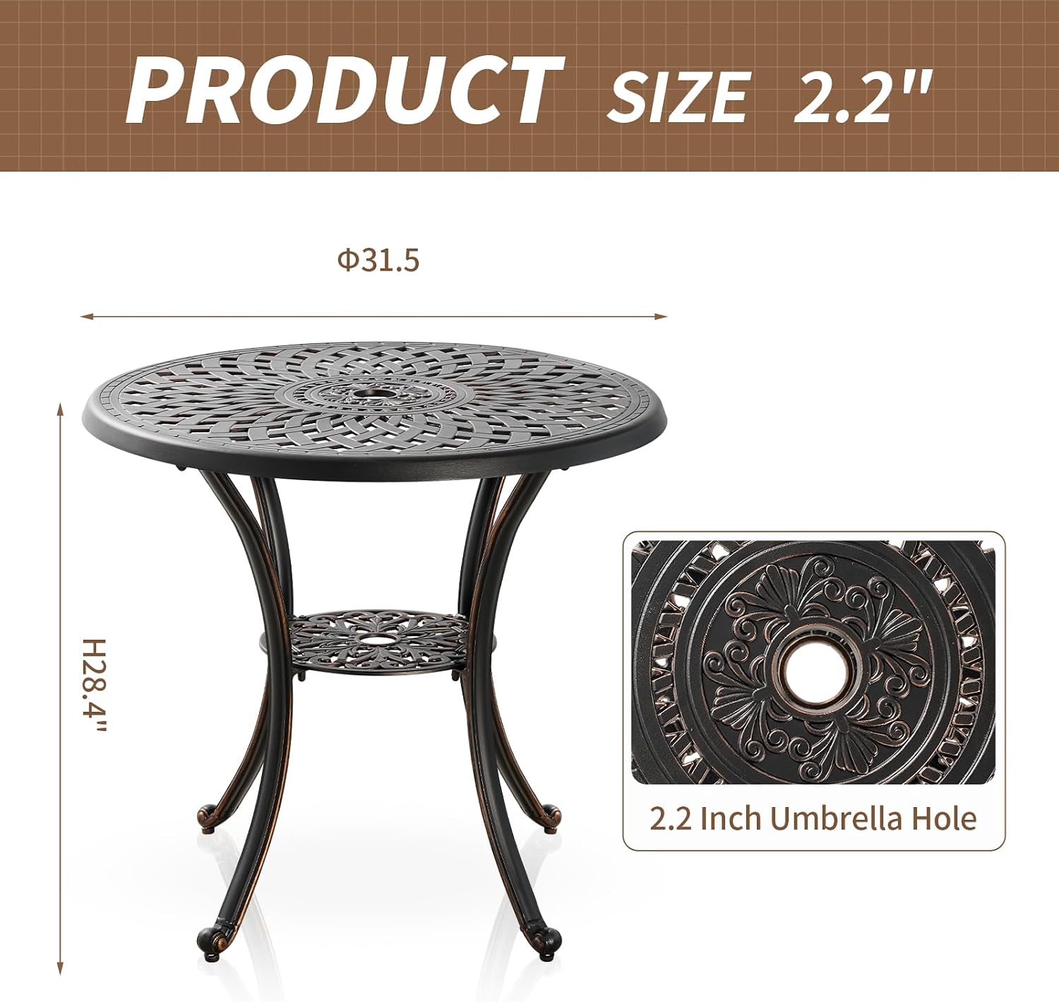 Cast Aluminum Patio Dining Set, Outdoor Bistro Set, 31.5' Round Outdoor Dining Table with Umbrella Hole, 2 Bistro Chairs for Yard Porch Garden Balcony