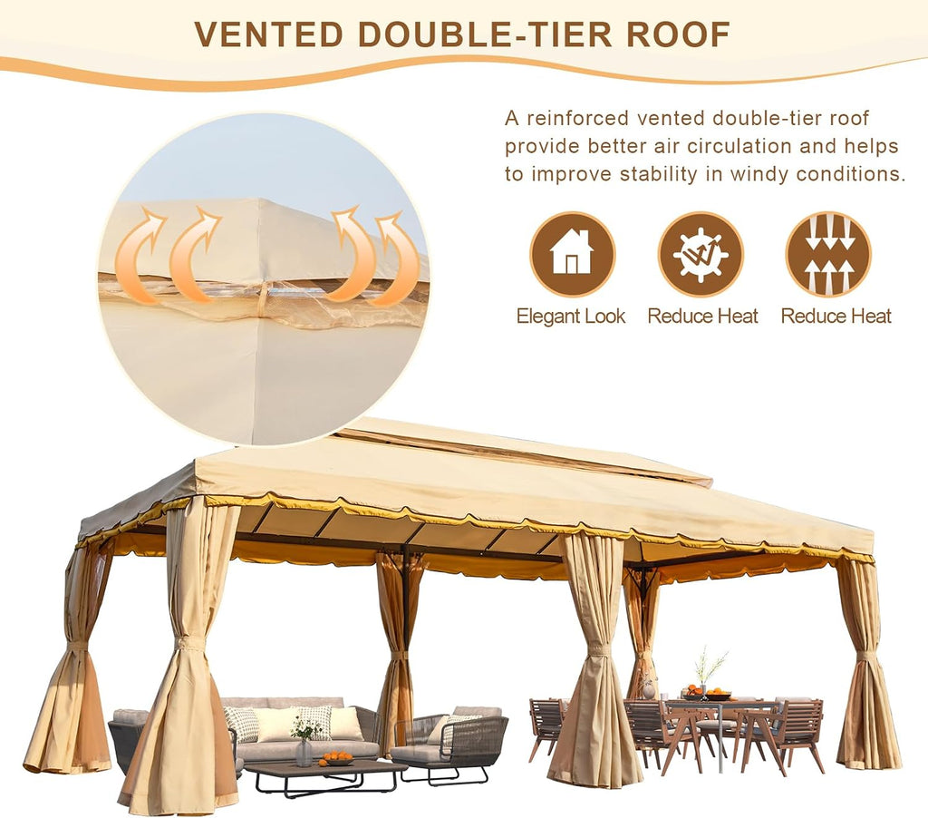Erommy 10x20 Outdoor Canopy Gazebo, Double Roof Patio Gazebo Steel Frame with Netting and Shade Curtains for Garden,Patio,Party Canopy, Beige