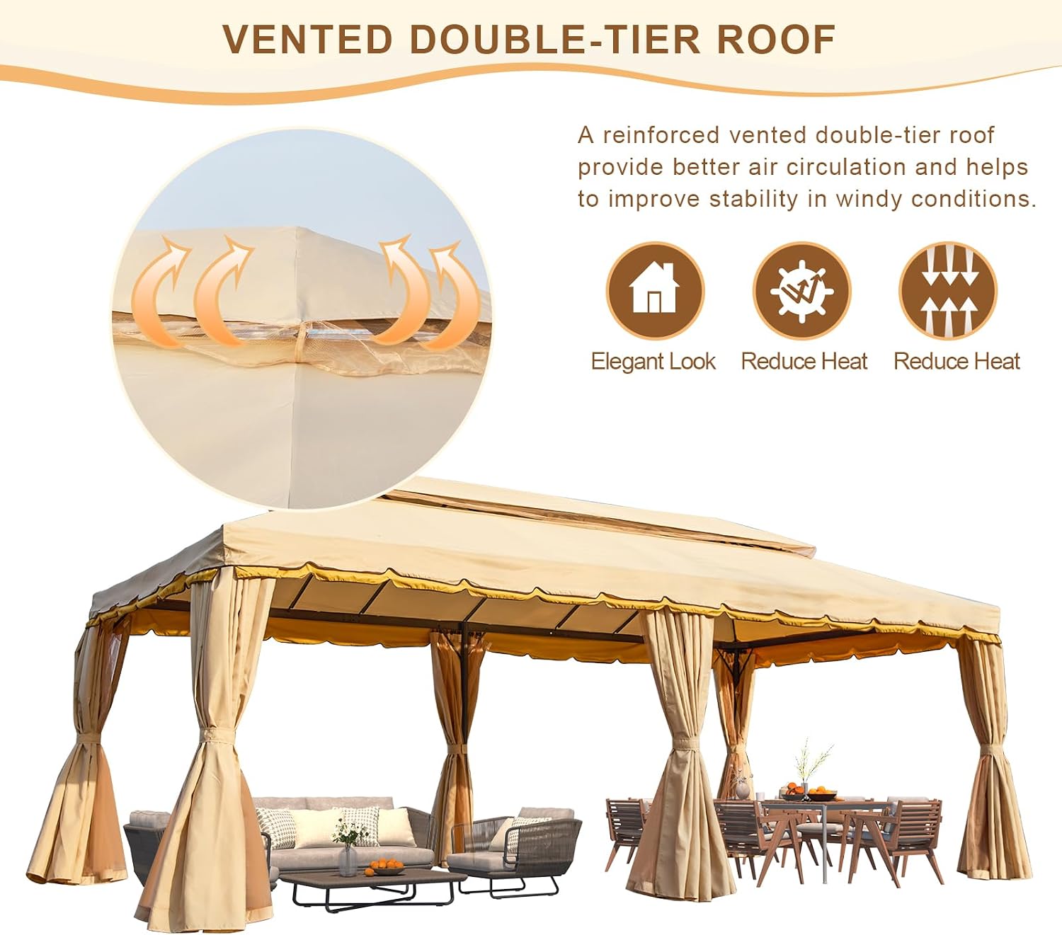 Erommy 10x20 Outdoor Canopy Gazebo, Double Roof Patio Gazebo Steel Frame with Netting and Shade Curtains for Garden,Patio,Party Canopy, Beige