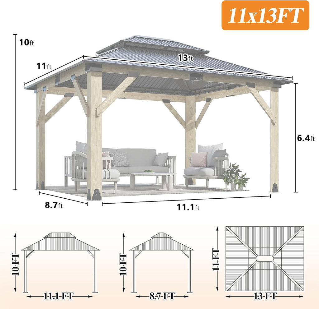 GARTOO 11'x13' Outdoor Wooden Gazebo - Patio Galvanized Steel Gazebo with Double Vented Roof, Heavy-Duty Wooden Gazebos for Garden, Lawn, Poolside, Backyard Deck