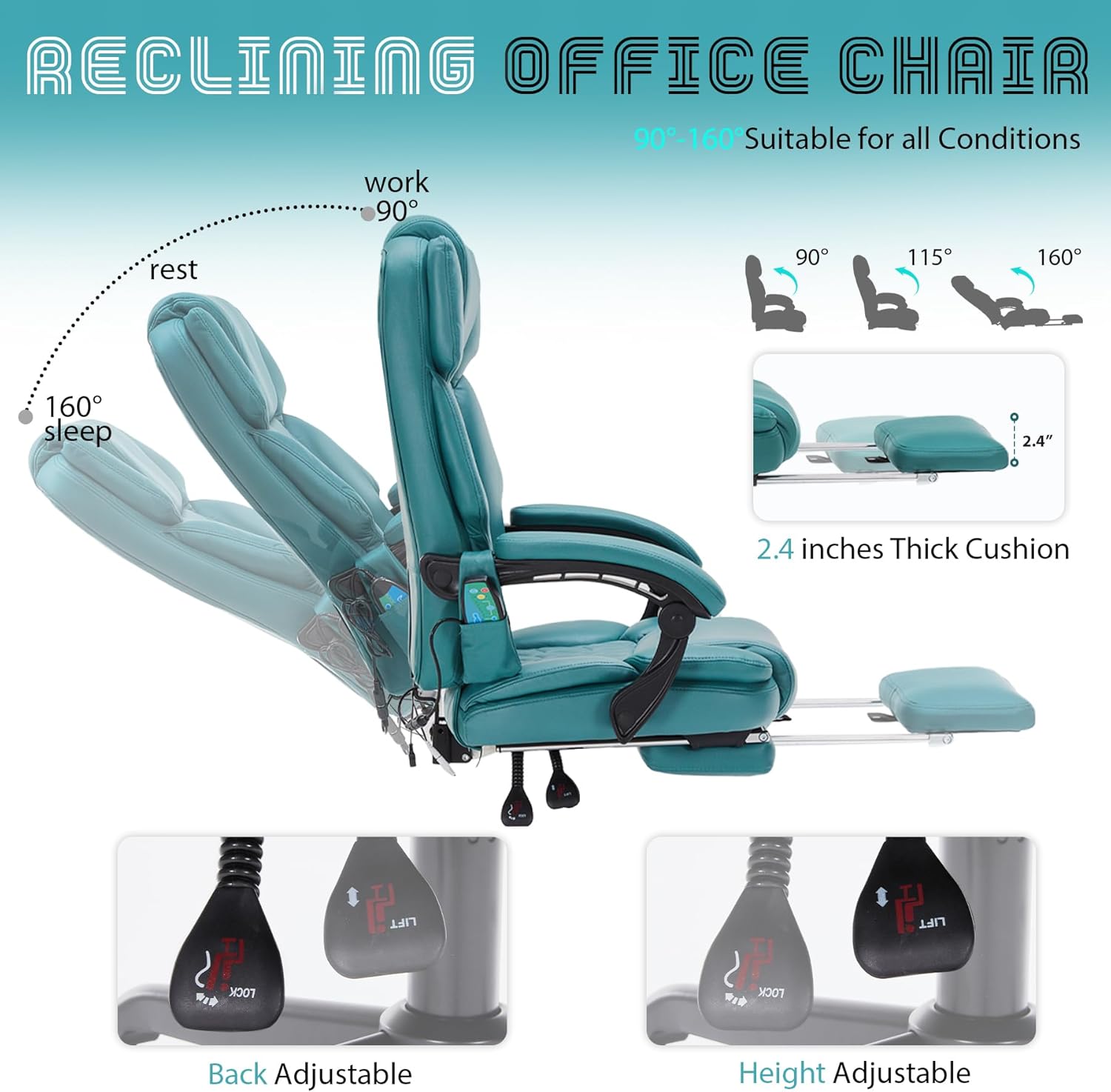 Massage Office Chair with Foot Rest 6 Points Vibration and Heat Home Office Desk Chairs for Heavy People 400lbs Reclining Managerial Chairs Ergonomic Executive Chair (Teal Blue)