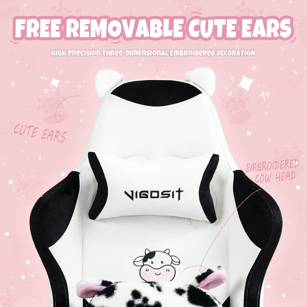 Vigosit Cute Cat Gaming Chair with Paw Lumbar Cushion, PC Video Gamer Chair for Girl Teen Woman (Black White)