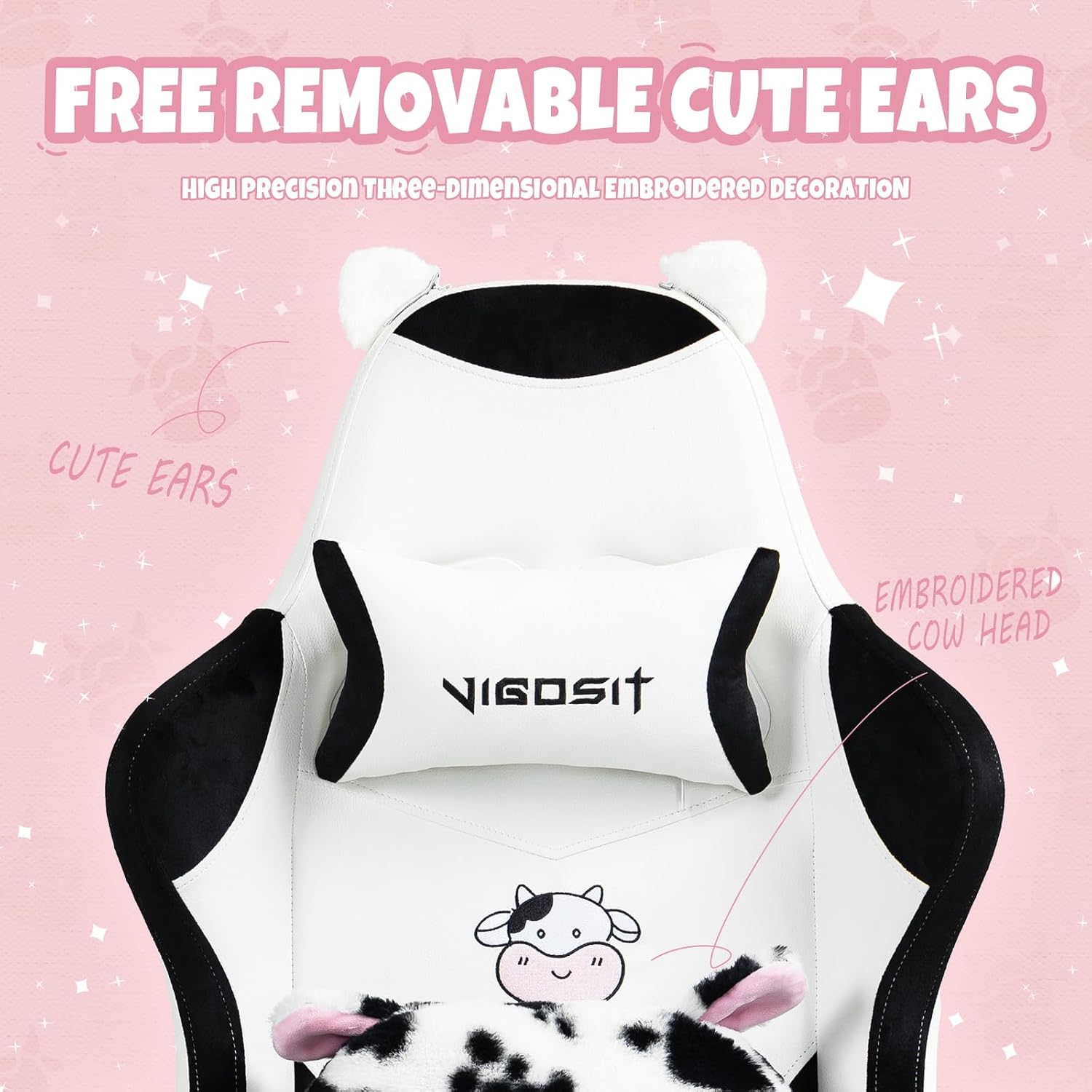 Vigosit Cute Cat Gaming Chair with Paw Lumbar Cushion, PC Video Gamer Chair for Girl Teen Woman (Black White)