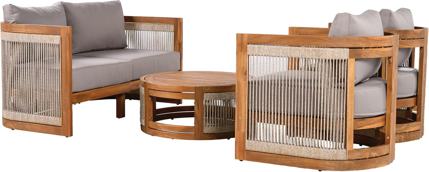 Christopher Knight Home Nesbit 4 Pieces Conversation Set, Acacia Wood Chat Set, Woven Rope Loveseat and Accent Chairs, Slat Panel Coffee Table, Patio Furniture Set for Backyard Balcony Garden, Gray