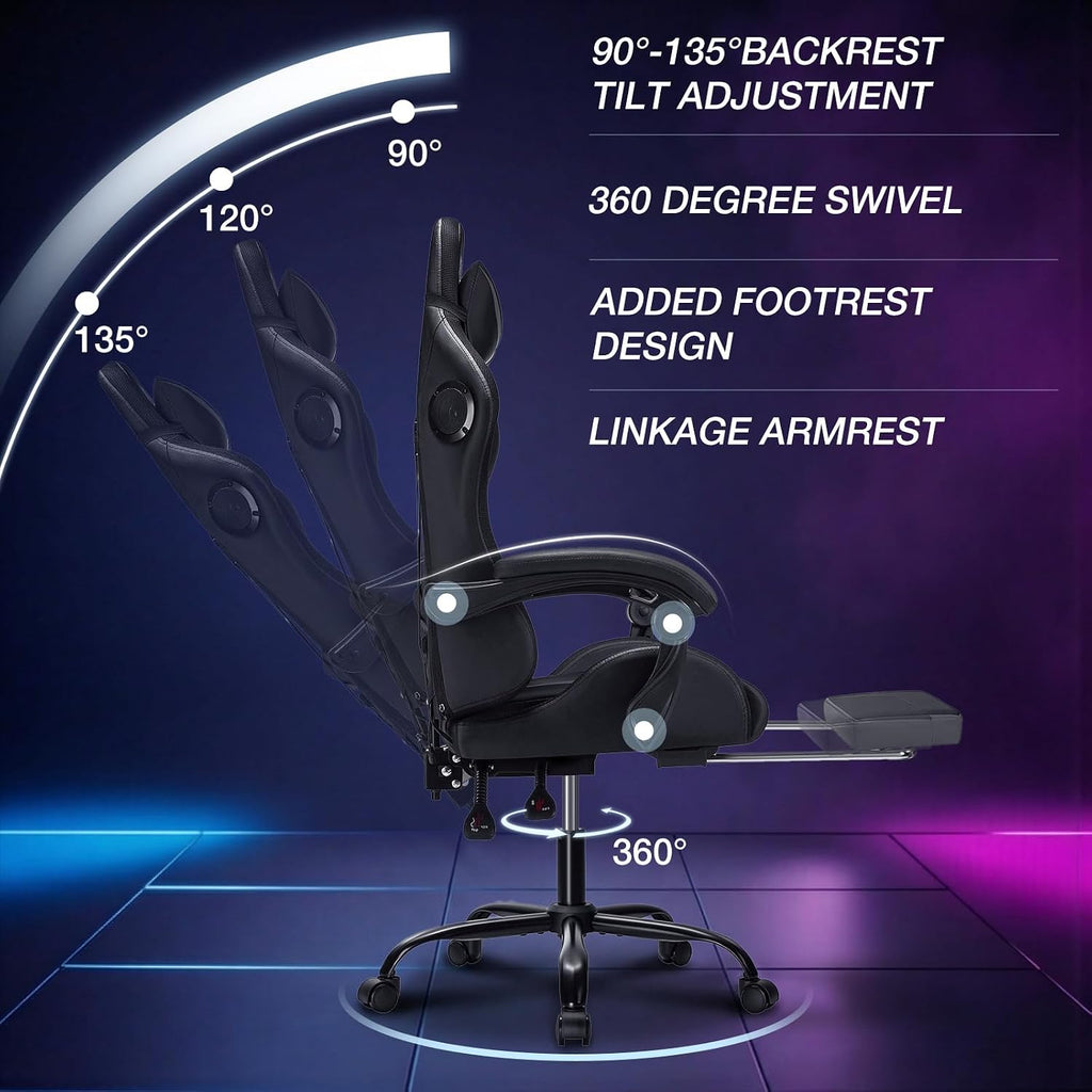 HOFFREE RGB Gaming Chair with Speakers Massage Computer Gaming Chair with LED Lights and Footrest High Back Video Game Chair for Adults Grey and Black