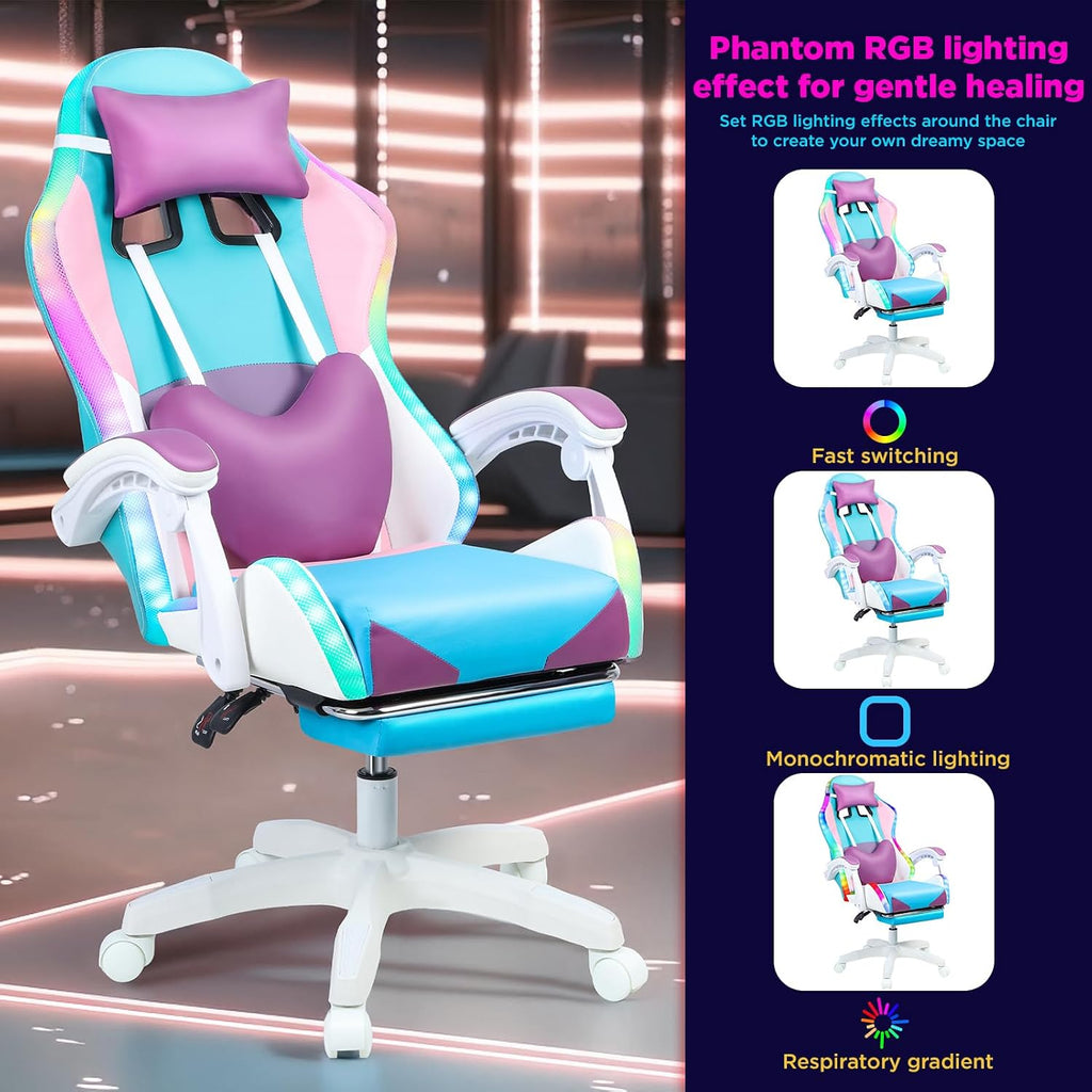 Gaming Chair, Bluetooth Gaming Chair with LED Lights and Footrest, Height Adjustable Computer Chair Lumbar Support for Adults (Purple, Without Speakers)