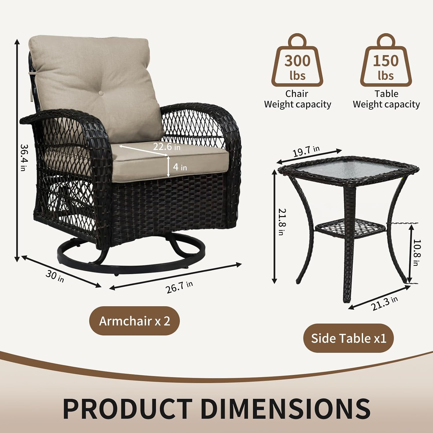 SHGJ&SOFT 3 Piece Patio Furniture Set, 2 Outdoor Swivel Rocking Chairs with Side Table, Wicker Glider Chairs, All-Weather Rattan Bistro Set for Porch, Deck, Pool (Brown, Brown Open-Weave Rattan)