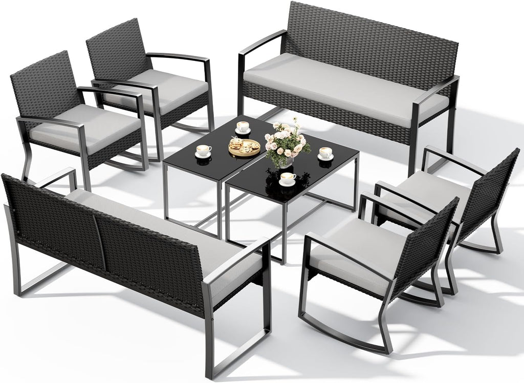 Ahomly 8 Piece Outdoor Patio Furniture Set, Outdoor Wicker Patio Furniture with Glass Coffee Table, Modern Rattan Rocking Chairs Conversation Set, for Porch, Garden, Lawn,Grey Cushion