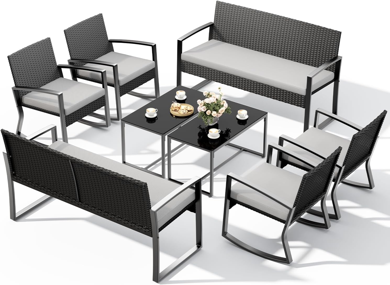 Ahomly 8 Piece Outdoor Patio Furniture Set, Outdoor Wicker Patio Furniture with Glass Coffee Table, Modern Rattan Rocking Chairs Conversation Set, for Porch, Garden, Lawn,Grey Cushion