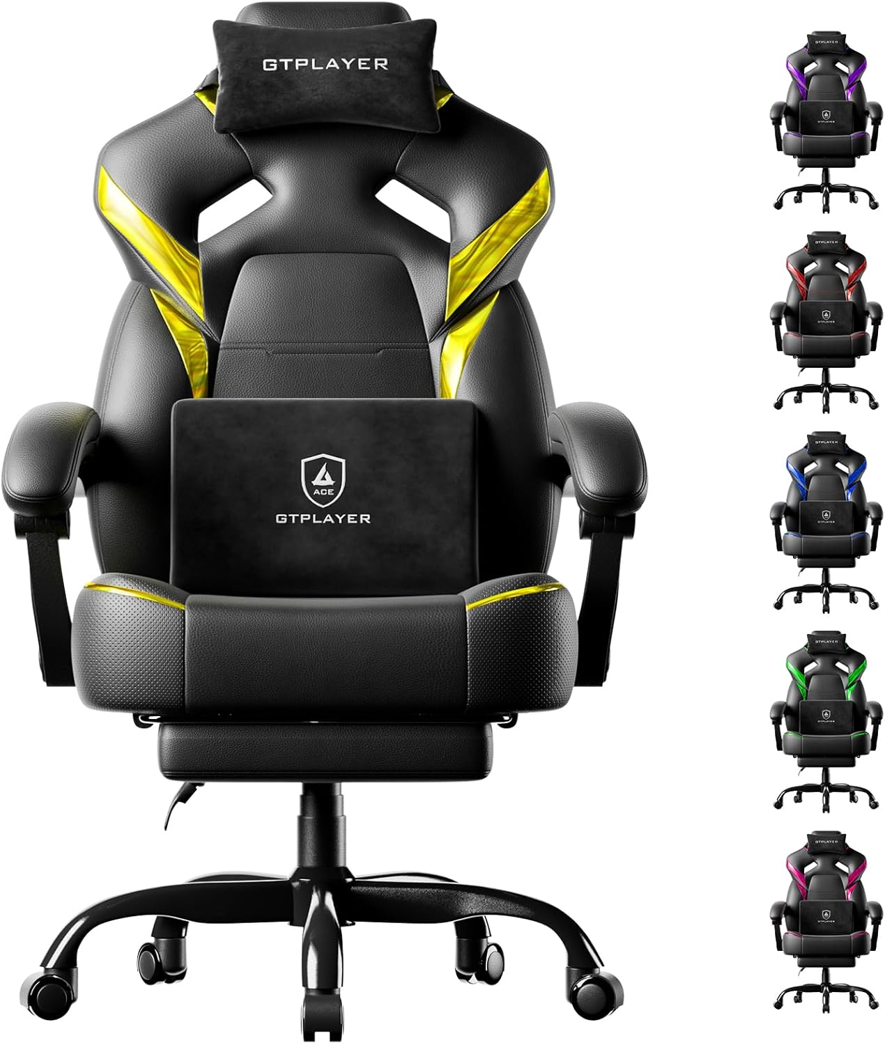 GTPLAYER Big and Tall Gaming Chair for Adults, Ergonomic Office Chair with Footrest, Heavy Duty 350 lbs Capacity, High Back, Premium Leather & Iridescent Trim, ACE-Armor, Yellow (Iridescent)