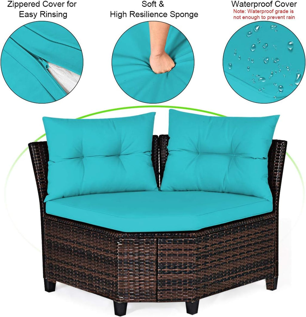 Tangkula 4-Piece C Shape Patio Furniture Set, Outdoor Corner Wicker Rattan Sectional Cushioned Sofa Set, with Glass Coffee Table, for Garden Poolside Balcony (Turquoise)