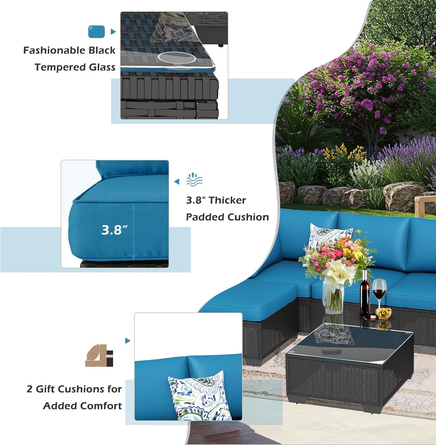 U-MAX 8 Piece Outdoor Patio Furniture Set, PE Rattan Outdoor Wicker Sectional Furniture Chair Set with Cushions and Tea Table, Black Rattan and Peacock Blue Cushion (with Cover)