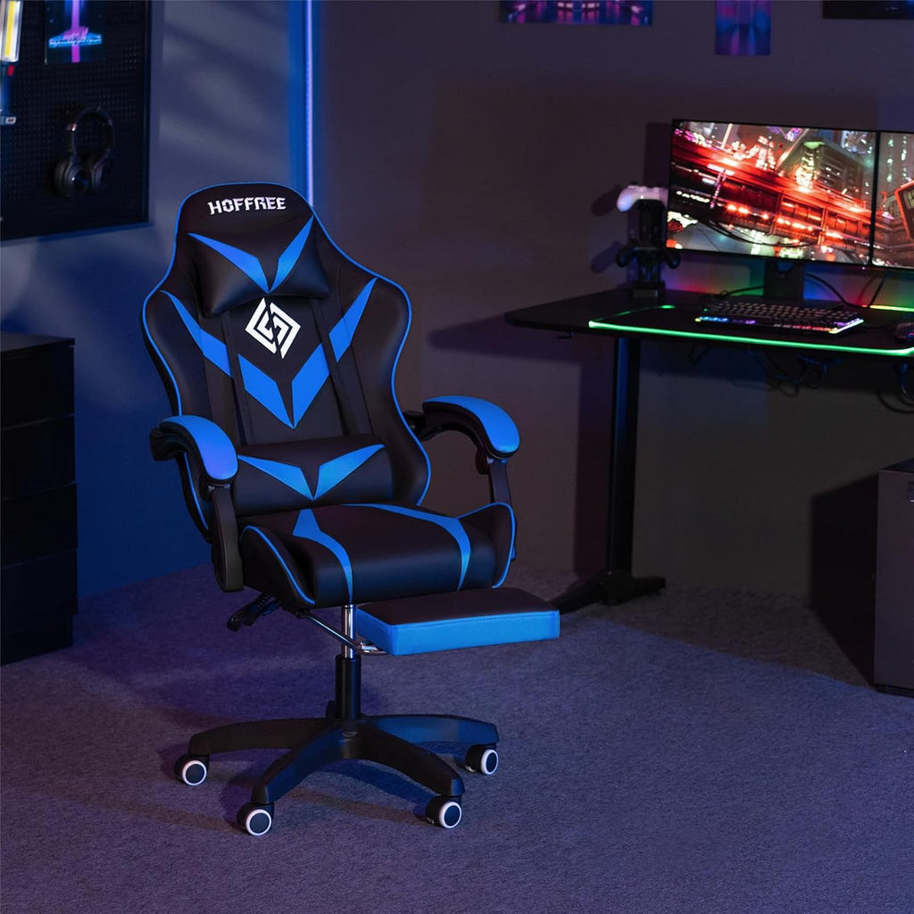 HOFFREE Massage Gaming Chair for Kids Computer Gamer Chair with Footrest and Lumbar Support Reclining PC Game Chair with Headrest for Gaming Room Blue and Black