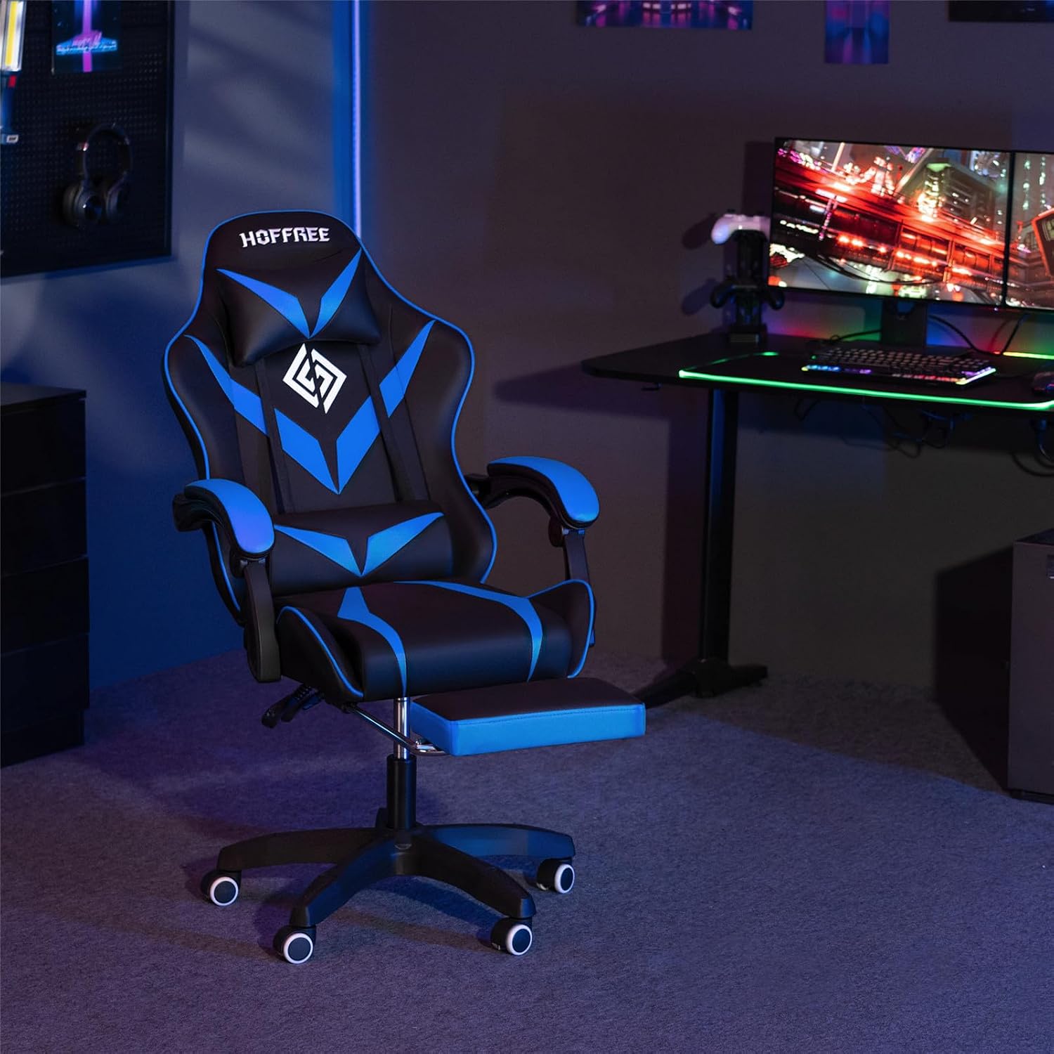HOFFREE Massage Gaming Chair for Kids Computer Gamer Chair with Footrest and Lumbar Support Reclining PC Game Chair with Headrest for Gaming Room Blue and Black