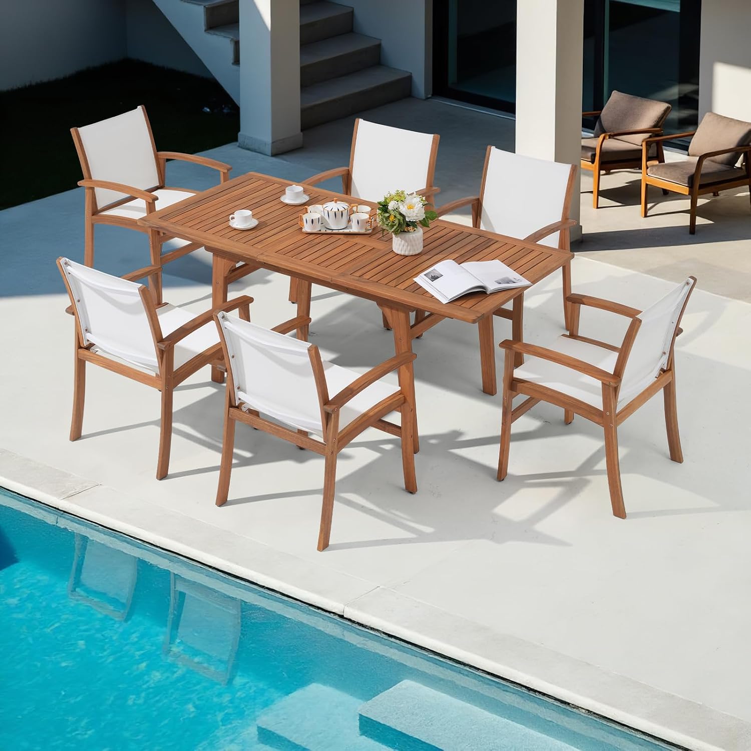 OC Orange-Casual Patio Furniture Set, Acacia Wood Patio Dining Set for 6-8, Outdoor Expandable Table and Chairs Set with Umbrella Hole and Breathable Textilene Fabric for Garden (White, 7 Pieces)