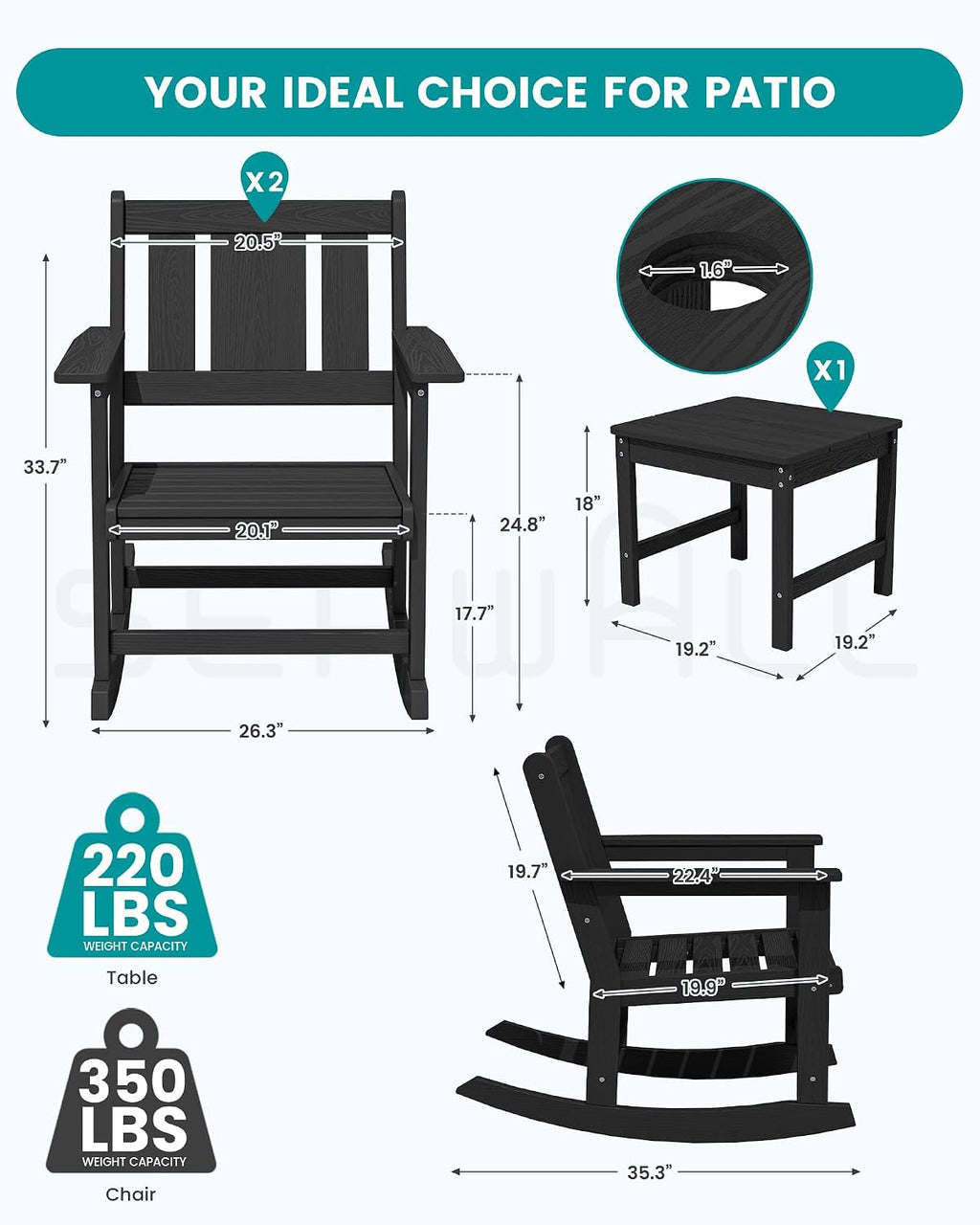 SERWALL Outdoor Rocking Chair Set of 2 with Side Table, All-Weather HDPE 3 Piece Patio Furniture Set, Outdoor Bistro Set with Pre-Drilled Umbrella Hole for Porch Deck Lawn Balcony, Black