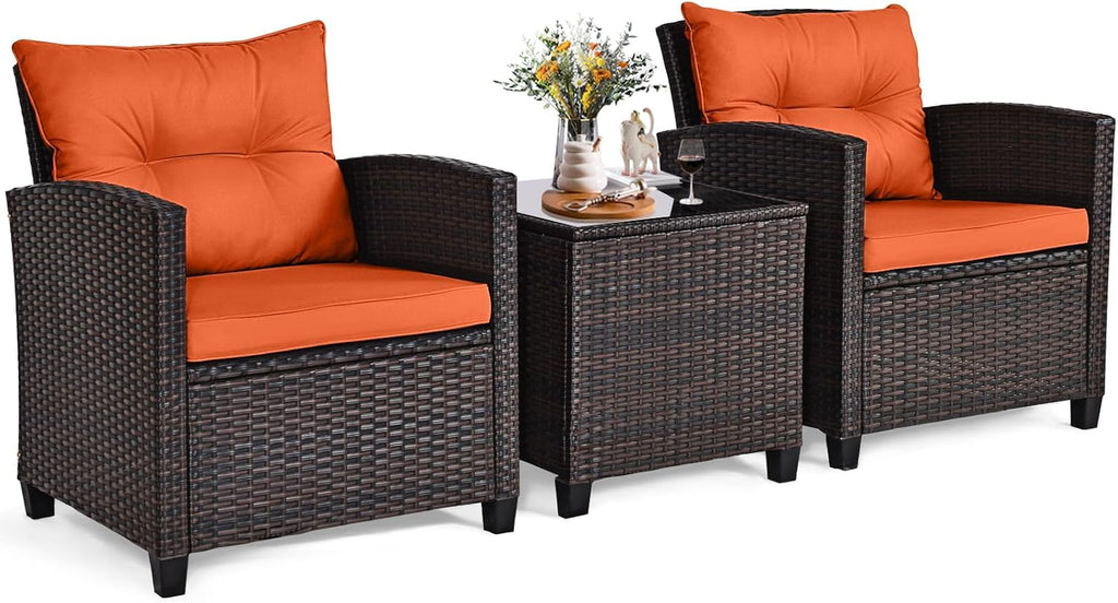ORALNER 3 Pieces Patio Furniture Set, Outdoor Wicker Conversation Set Rattan Chairs with Cushions, Glass Coffee Table, Bistro Set for Front Porch Balcony Garden Deck Poolside (Orange)