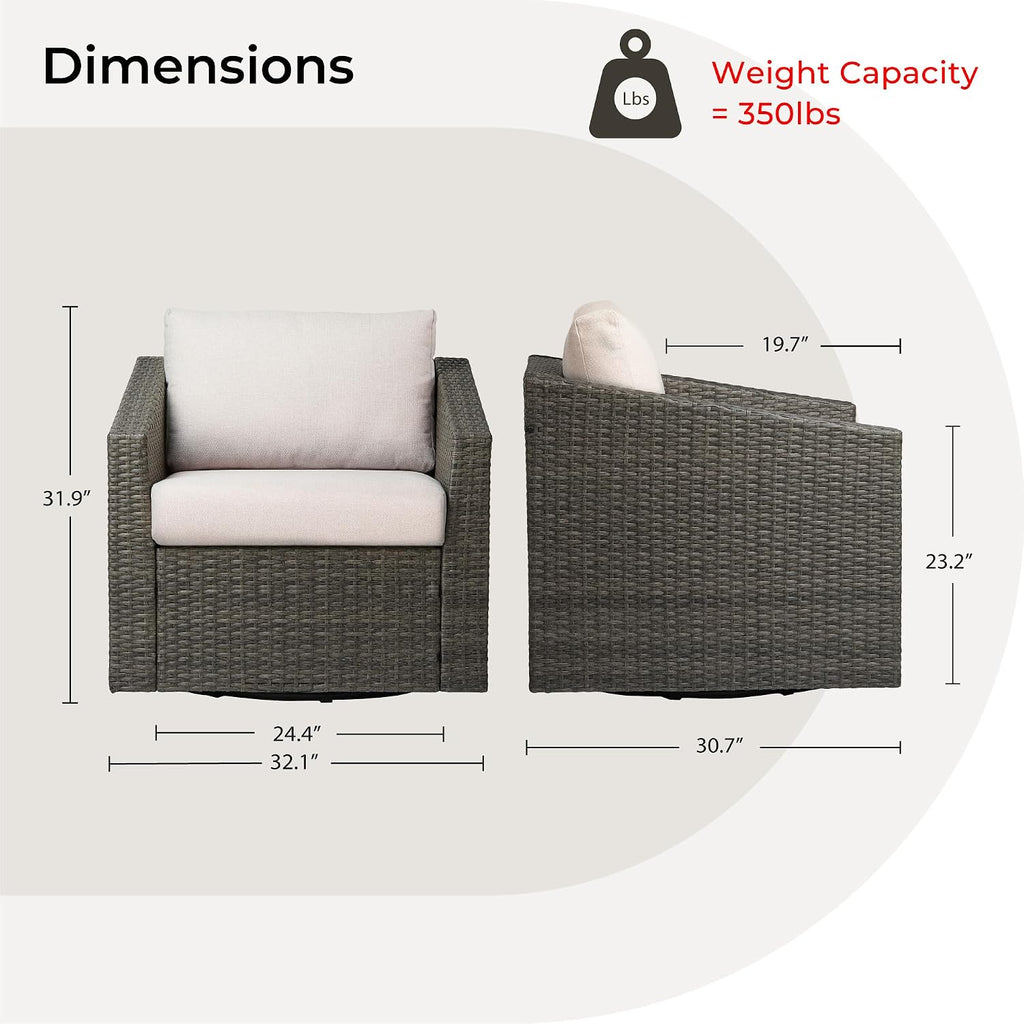 CHITA Patio Wicker Chair, 360° Swivel Outdoor Rattan Chair with Thickened Cushions for Backyard, Poolside, Garden or Porch, Beige Cushions with Grey Wicker