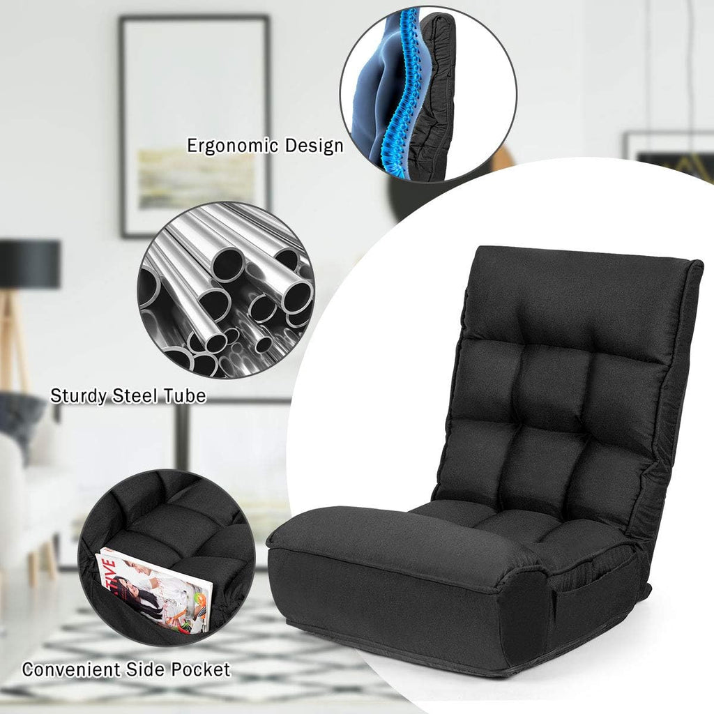 Giantex Gaming Chair Floor, Floor Chairs for Adults with 4-Position Adjustable Back, 6-Position Adjustable Headrest, Side Pocket, No Assembly Required, Banana Chair, Folding Floor Gaming Chair, Black
