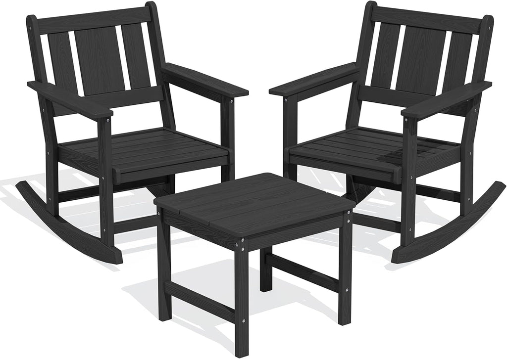 SERWALL Outdoor Rocking Chair Set of 2 with Side Table, All-Weather HDPE 3 Piece Patio Furniture Set, Outdoor Bistro Set with Pre-Drilled Umbrella Hole for Porch Deck Lawn Balcony, Black