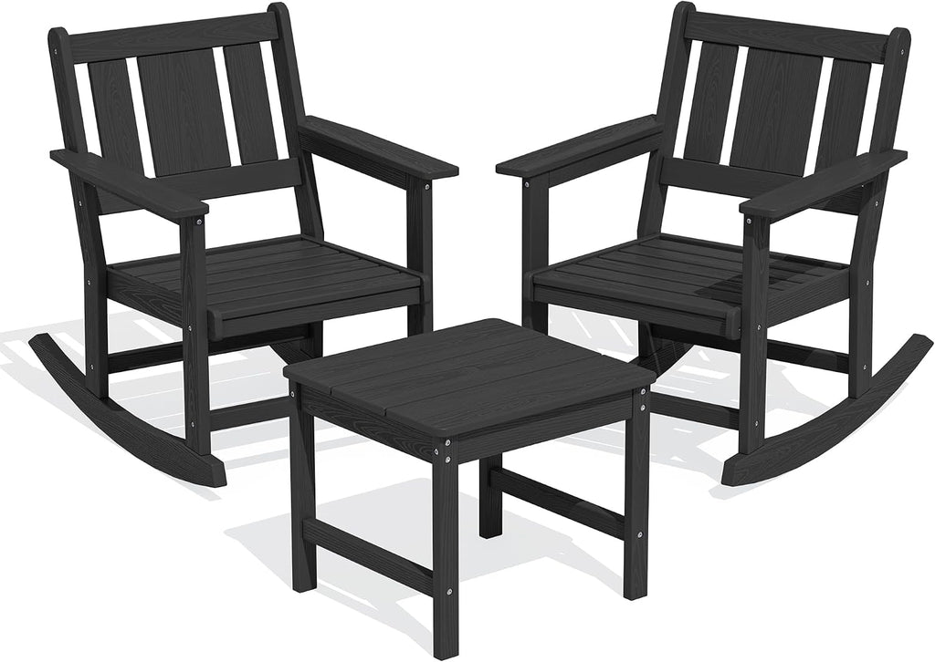 SERWALL Outdoor Rocking Chair Set of 2 with Side Table, All-Weather HDPE 3 Piece Patio Furniture Set, Outdoor Bistro Set with Pre-Drilled Umbrella Hole for Porch Deck Lawn Balcony, Black