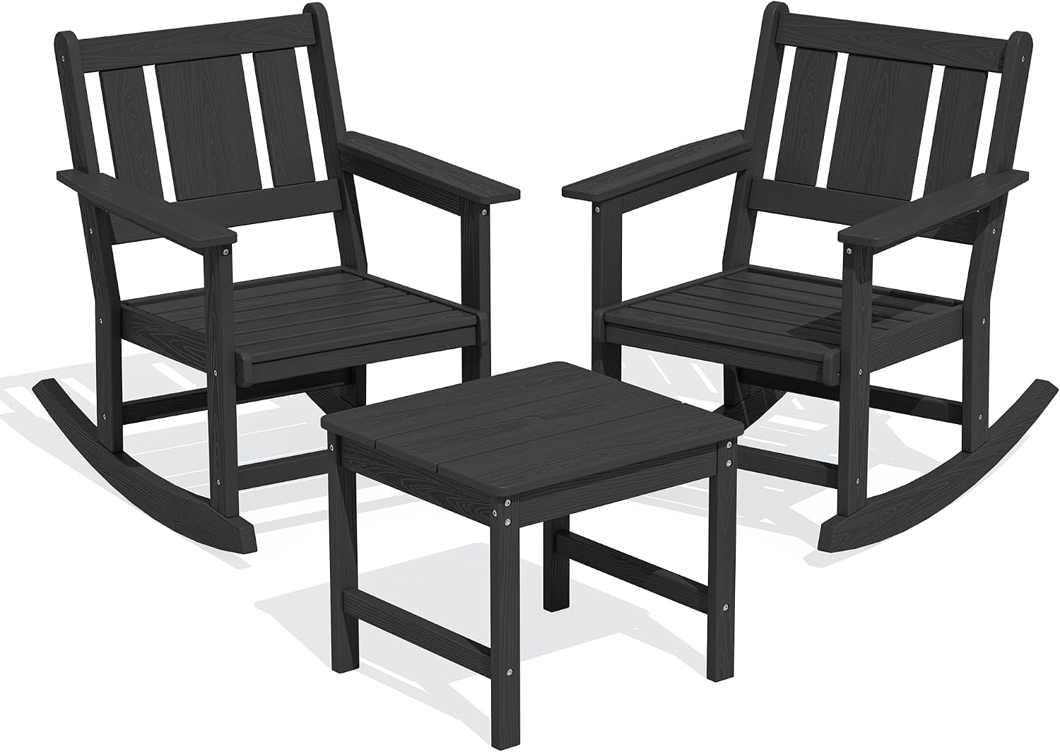 SERWALL Outdoor Rocking Chair Set of 2 with Side Table, All-Weather HDPE 3 Piece Patio Furniture Set, Outdoor Bistro Set with Pre-Drilled Umbrella Hole for Porch Deck Lawn Balcony, Black