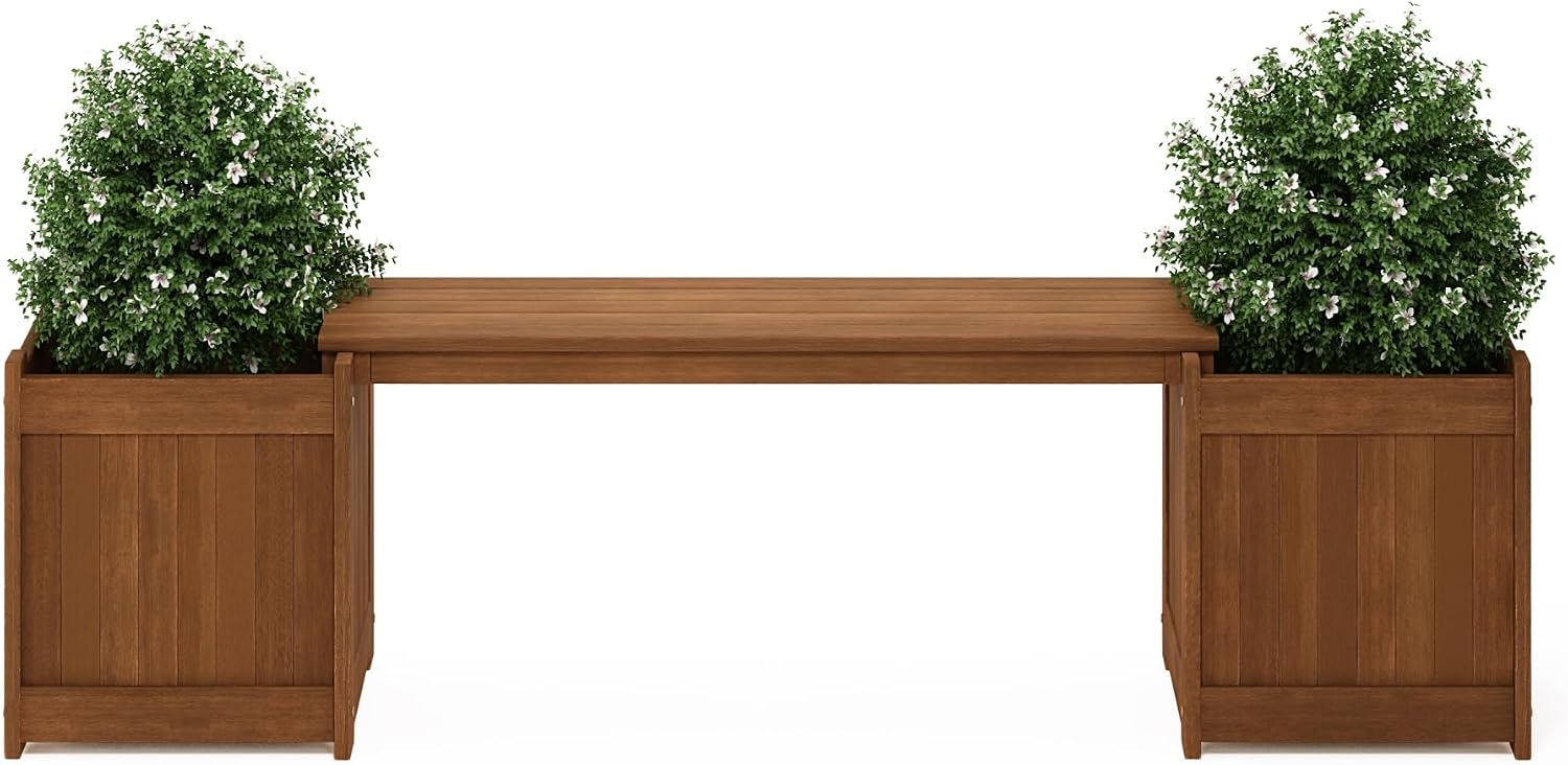 Furinno TIOMAN Planter Box with Bench, Hardwood Flower Box with Seat, Cube Garden Box, in Teak Oil, Outdoor Indoor, Garden, Patio, Balcony, Light Wood