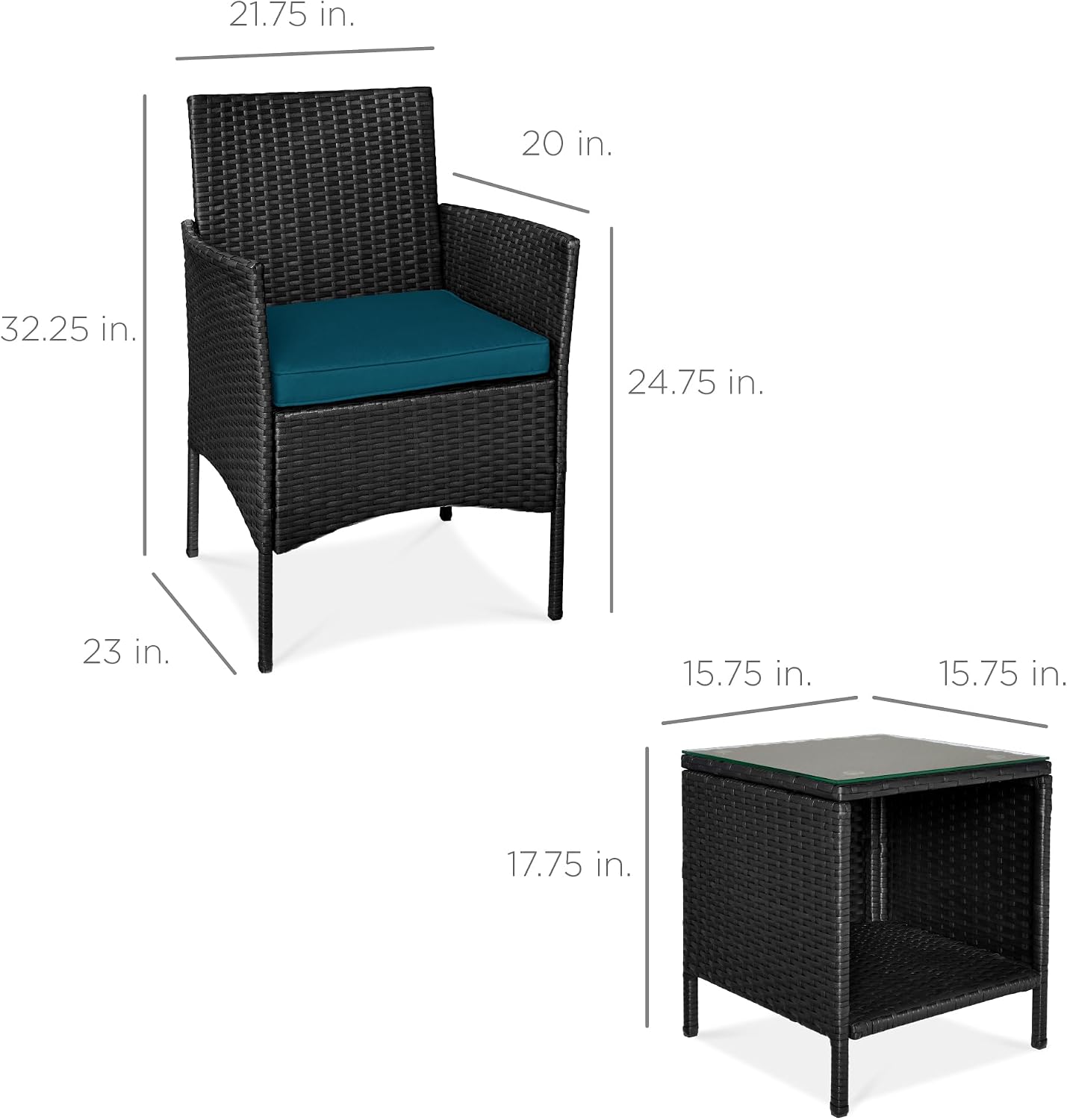 Best Choice Products 3-Piece Outdoor Wicker Conversation Bistro Set, Space Saving Patio Furniture for Garden w/Side Table - Black/Peacock