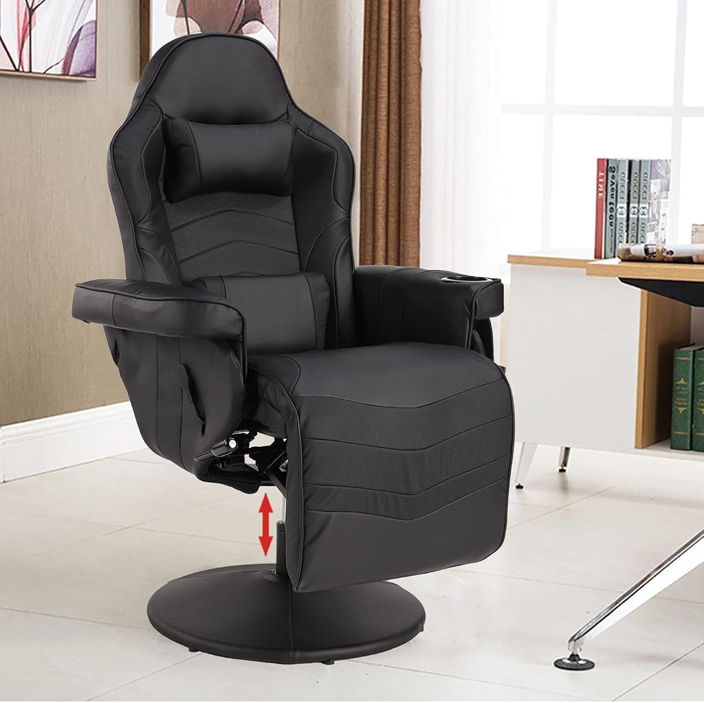 LVUYOYO Reclining Gaming Chair, Gaming Chair with Footrest and Massage, High Back PU Leather Gaming Recliner w/Adjustable Height, Swivel Game Chair with Lumbar Support, Cup Holder, Headrest