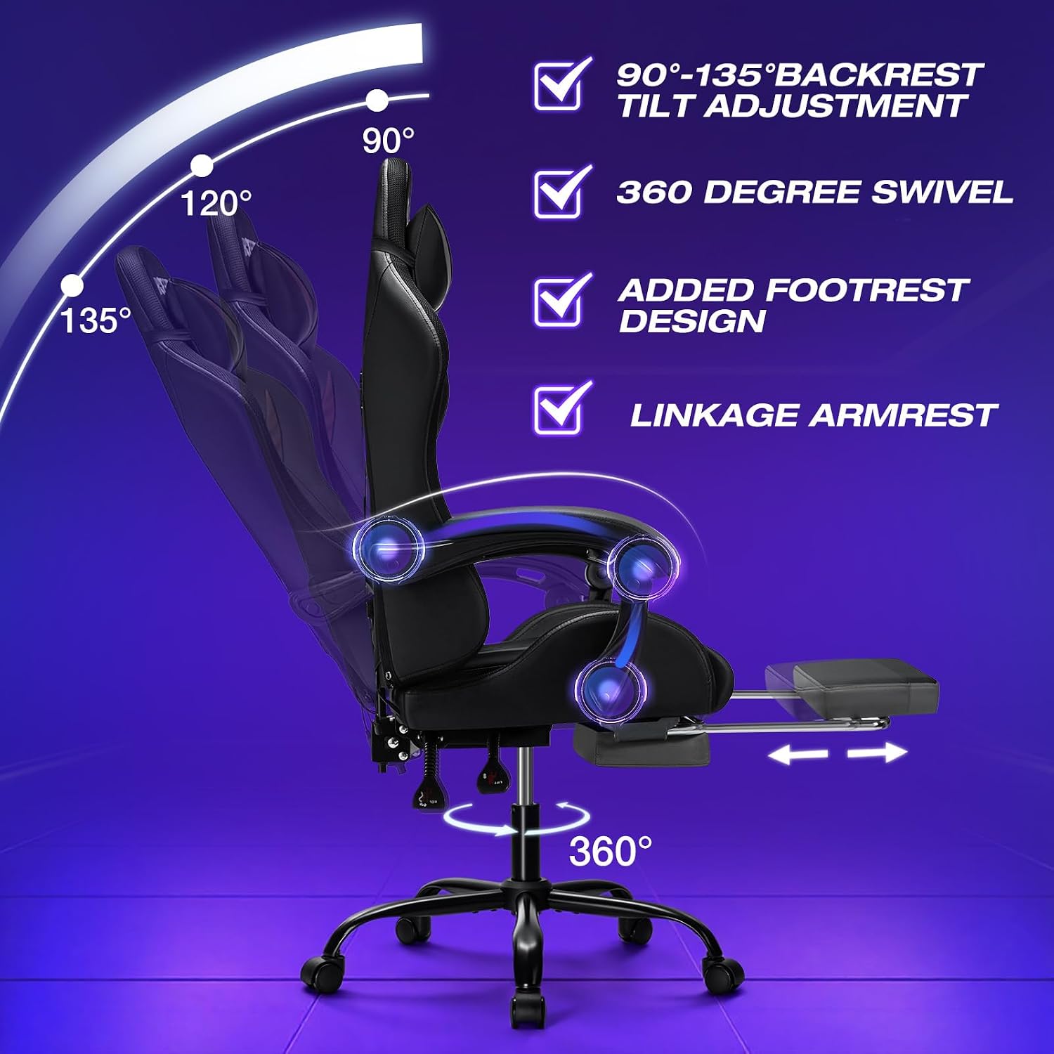 Gaming Chair Massage with LED RGB Lights and Footrest Ergonomic Computer Chair High Back Video Game Chair with Adjustable Lumbar Support Linkage Armrest Grey and Black