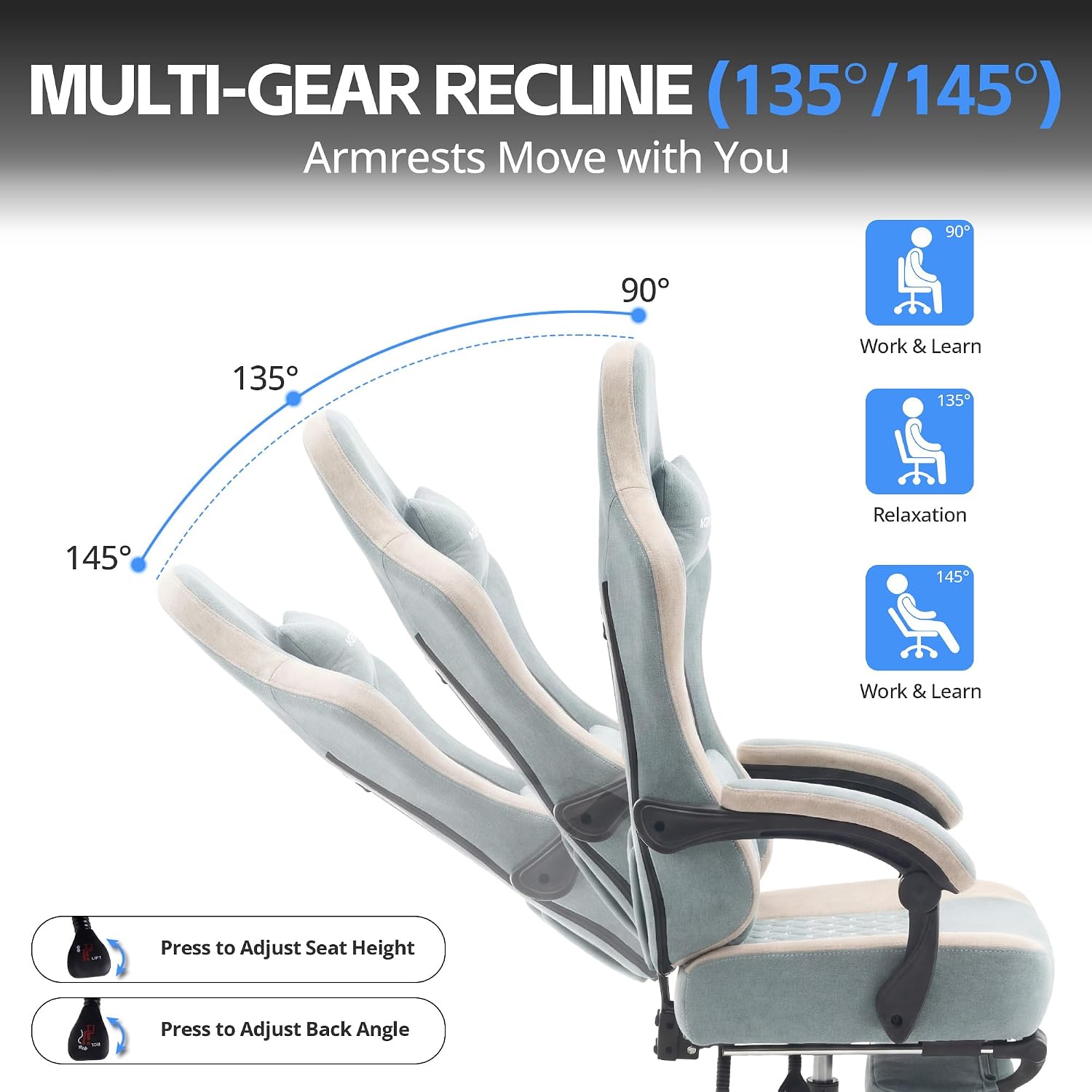 Gaming Chair Breathable Fabric with Pocket Spring Cushion, Wide and High Ergonomic Office Chair with Headrest, Computer Gaming Chair with Footrest for Adult and Teen (Blue Fabric)