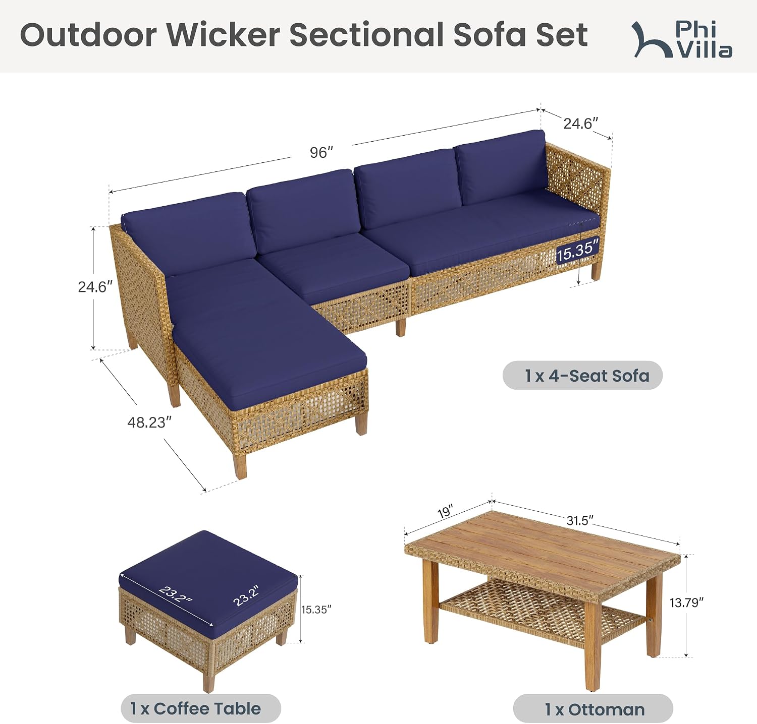 PHI VILLA Wicker Patio Furniture Set, Outdoor Sectional Couch with Cushions and Acacia Wood Coffee Table, U-Shaped Patio Conversation Set for Deck or Porch, 6 Seats, Navy Blue