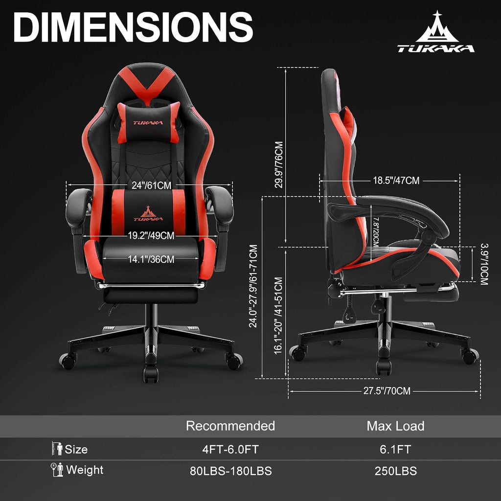 Gaming Chair,Ergonomic Massage Computer Office Desk Chair with Footrest,Pocket Spring Cushion,Reclining Leather Adjustable Gamer Chair with Headrest and Lumbar Support,Red