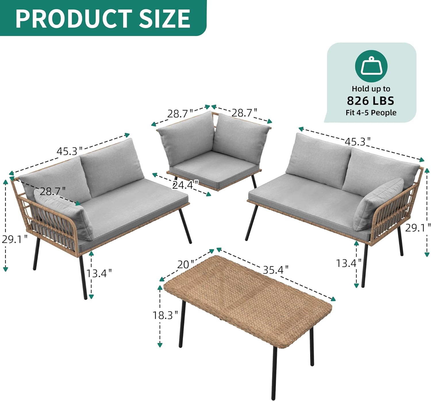 YITAHOME 4 Pieces Patio Furniture Set, Outdoor Wicker Conversation Sectional L-Shaped Sofa with 5 Seater for Backyard, Porch, Boho Detachable Lounger with Thickness Cushions and Side Table - Grey