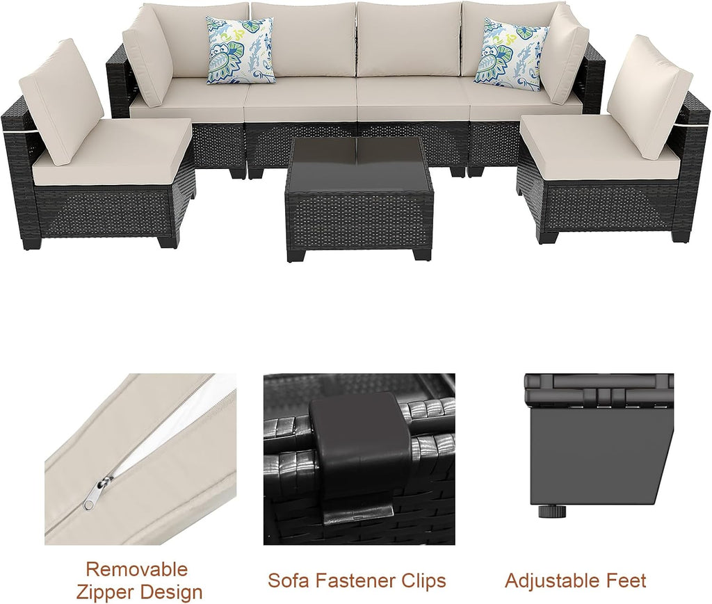 7 Pieces Outdoor Conversation Sectional Rattan Sofa, Patio Furniture Set, with Wicker and Cushions for Garden and Backyard (Brown/Beige)