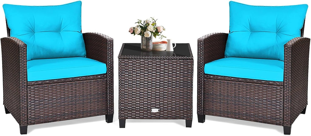 KOTEK 3 Piece Patio Furniture Set, Outdoor Conversation Set with Washable Cushions & Tempered Glass Tabletop, PE Rattan Wicker Bistro Set for Porch, Garden, Balcony (Turquoise)