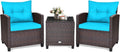 KOTEK 3 Piece Patio Furniture Set, Outdoor Conversation Set with Washable Cushions & Tempered Glass Tabletop, PE Rattan Wicker Bistro Set for Porch, Garden, Balcony (Turquoise)