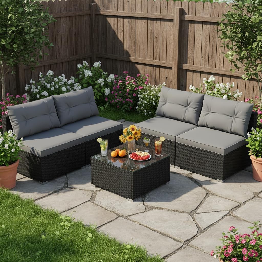 Tangkula 5 Piece Rattan Sofa Set, Outdoor Wicker Furniture Set w/Seat & Back Cushions, Square Coffee Table, Patio Sectional Sofa Set for Backyard, Poolside, Garden (Grey)