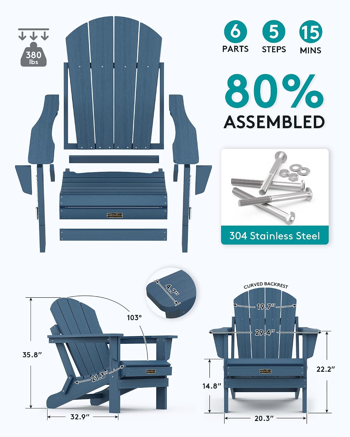 SERWALL Foldable Adirondack Chair Set of 2 for Patio Garden Outdoors Fire Pit-Blue