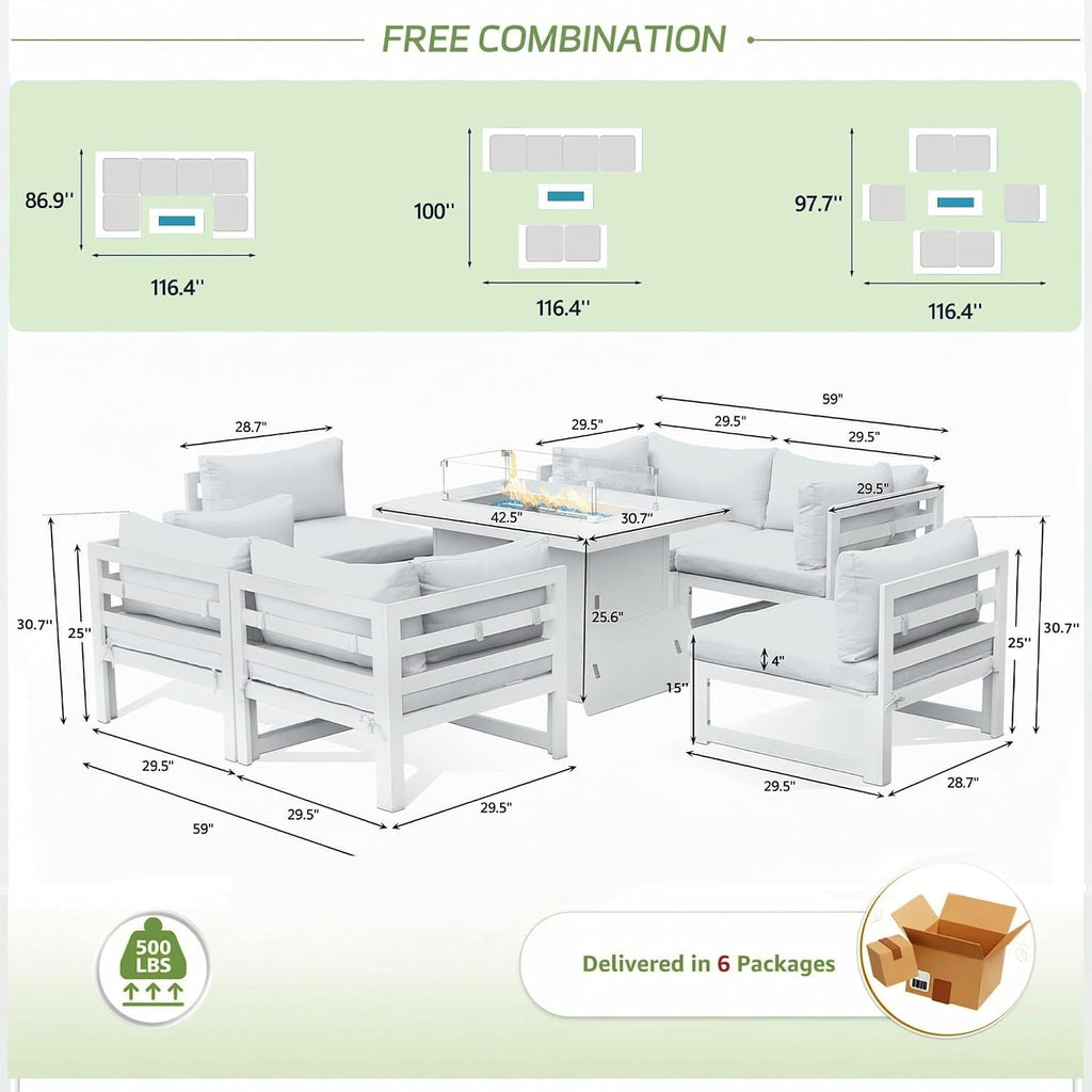 RADIATA 7 Piece Luxury Aluminum Outdoor Sectional Sofa with Fire Pit Table, Oversized L Shaped Patio Furniture Set, 29 inch Deep Wide Seating, 500 lbs Heavy Duty Comfy Conversation Set for Yard, White