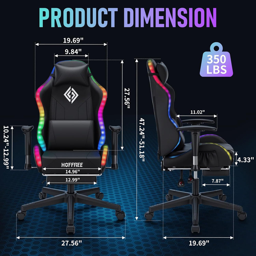 HOFFREE RGB LED Gaming Chair for Kids Reclining Gaming Chairs for Teens 8-15 Computer Chair with RGB Lights Kids PC Game Chair with Footrest and Lumbar Support Video Game Chairs Black