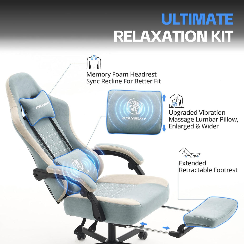 Gaming Chair Breathable Fabric with Pocket Spring Cushion, Wide and High Ergonomic Office Chair with Headrest, Computer Gaming Chair with Footrest for Adult and Teen (Blue Fabric)