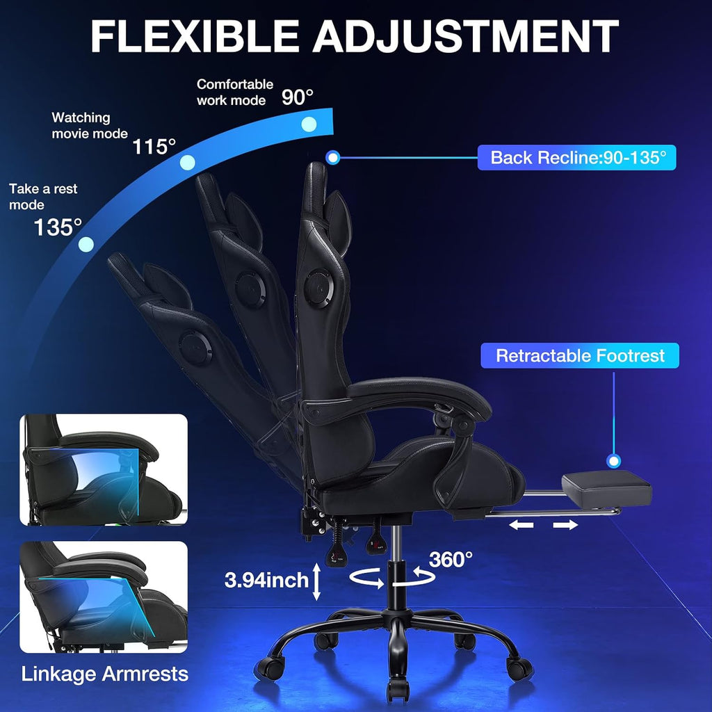 Gaming Chair with Bluetooth Speakers and LED RGB Lights Ergonomic Massage Computer Gaming Chair with Footrest High Back Music Video Game Chair with Lumbar Support Grey and Black