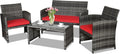 Goplus 4-Piece Rattan Patio Furniture Set, Outdoor Wicker Conversation Sofa with Weather Resistant Cushions and Tempered Glass Tabletop for Lawn Backyard Pool Garden (Red)