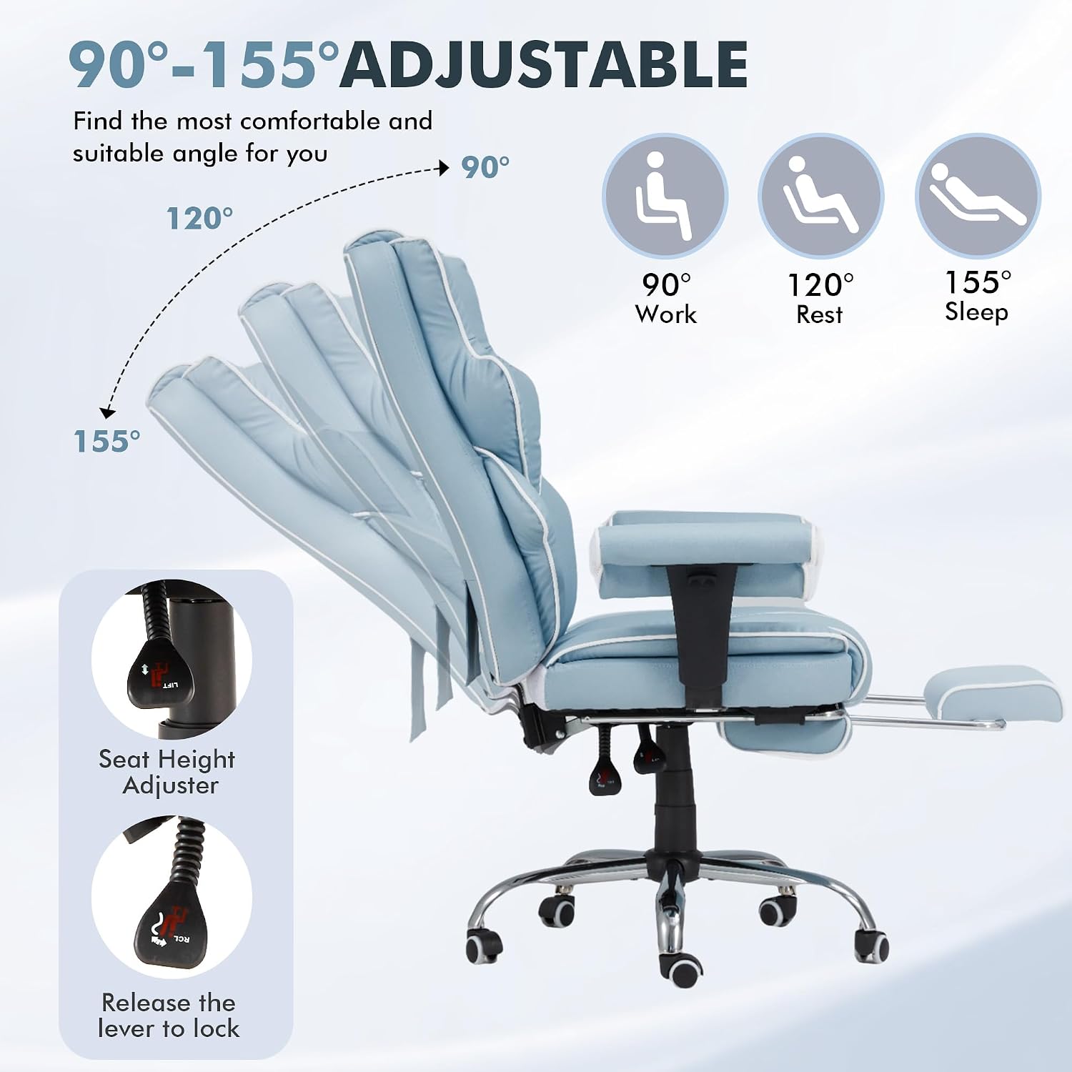 HOMREST 6-Point Massage Executive Chair,Heat Office Chair,Ergonomic Home Office Desk Chairs with Retractable Footrest and Reclining Function,Leather Computer Chair with Adjustable Armrest(‌Airy Blue)