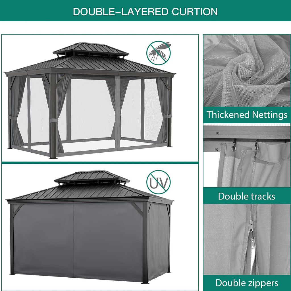 GarveeHome Outdoor Hardtop Gazebos 10 x 12 ft Permanent with High Strength Aluminum Frame, Double-Roof, Pavilion with Curtain and Netting for Patio, Lawn, Deck, Garden (Darkgrey, 10x12 ft)